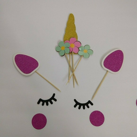 Unicorn Cake Toppers 6 Pics Birthday Sparkle Pink Flowers - Picture 1 of 2